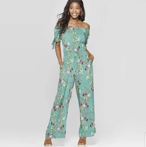 Floral print off the shoulder tie sleeve jumpsuit